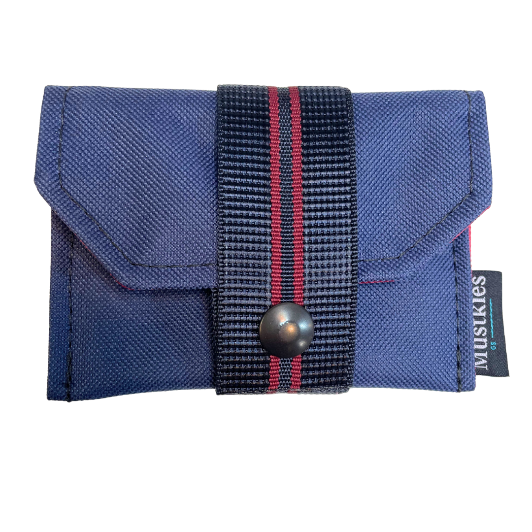Mustkies Navy card case with a navy red strap wrapped around it