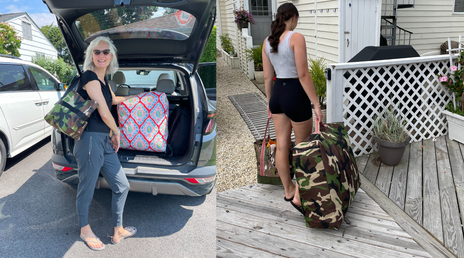 Mustkies Duffle collection featuring the on-the-go bag at the beach and in a car