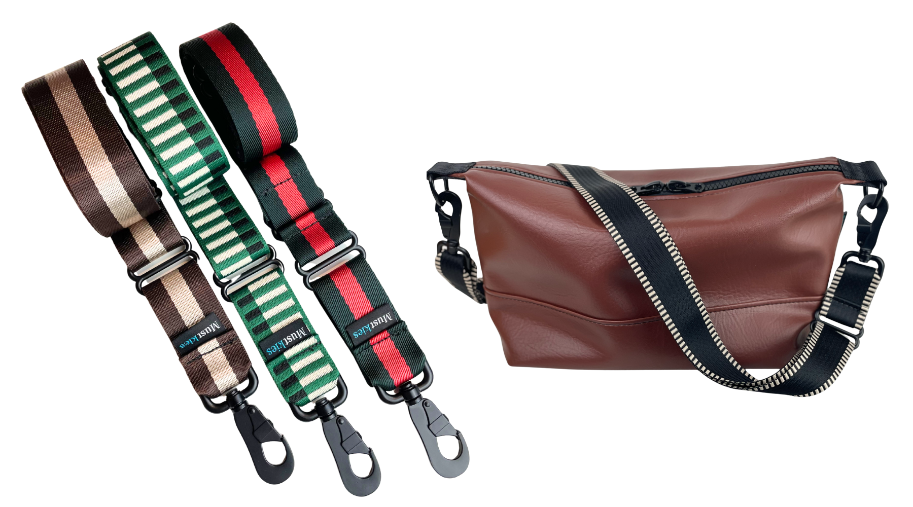 3 color ways of Mustkies Sophie crossbody straps featured next to the TIna Croosbody