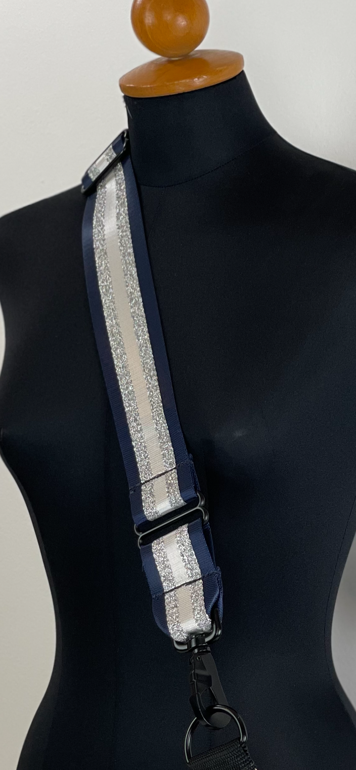 Navy Silver Gray 2 inch Crossbody Wide Shoulder Straps. Mustkies Replacement Adjustable Purse Straps are a next MUSt have.  Easy snap on and off and adds a POP to your bag. Adjustable Guitar Straps for Handbags.  Adjustable Guitar Straps for Handbags transforms your bags.   Transform Your Bag by updating and customizing it with Mustkies  crossbody wide shoulder webbing straps. 1 1/2  or 2 Inches wide with Black Metal Hardware.