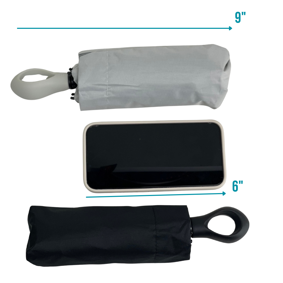 Comparison of a compact gray umbrella, a smartphone, and a compact black umbrella with measurements indicated.