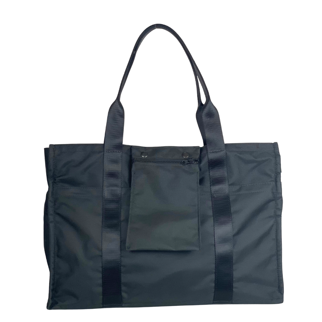 Black Travel Tote with gray lining and a black detachable pouch