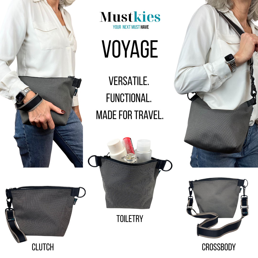 Mustkies showcasing the Voyage as multi-functional bag. Clutch, Toiletry and Crossbody bag