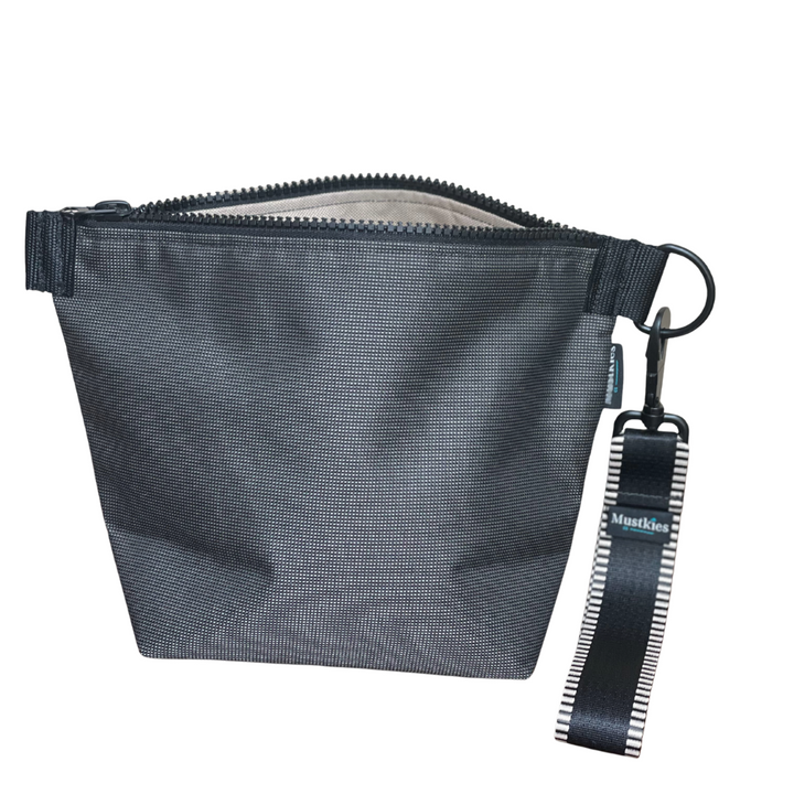 Cosmetic Bag made out outdoor waterproof fabric. Silver liht brown interior