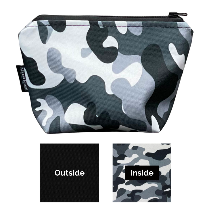 Muskties AMI Black with Gray Camouflage lining Make-up bag swatch sample. Handcrafted in waterproof canvas and finished with a black zipper to secure your make-up/cosmetics. Available in 6 color options and two sizes. Gray Camouflage with Charcoal Lining, Green Camouflage with Army Green Lining, Blush with Gray Camouflage Lining and Black with Gray Camouflage Lining, Teal and Yellow with Charchoal Lining. 7"Lx3"Wx10"H & 5Lx3Wx5.5H