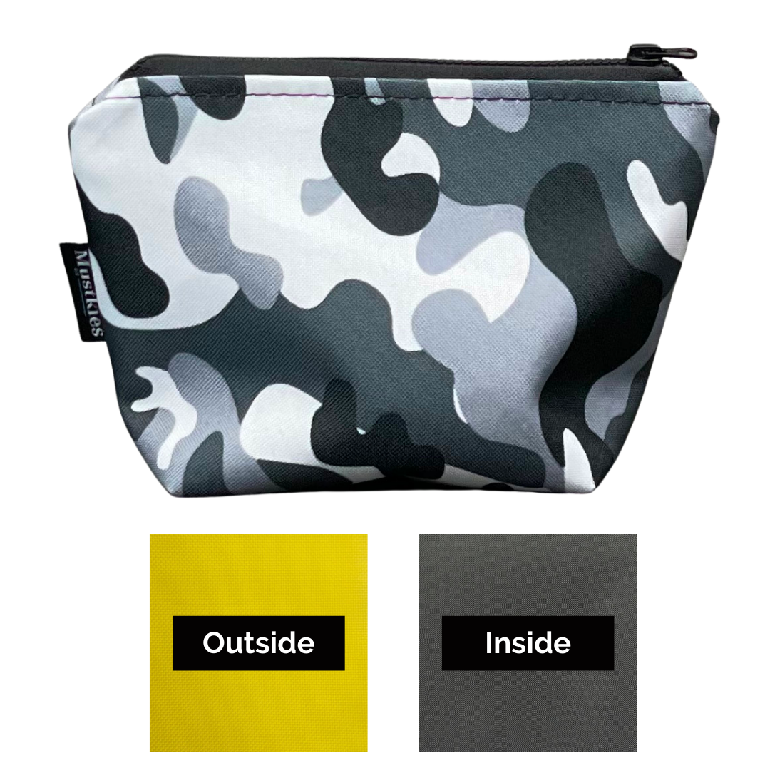 Muskties AMI Yellow with Charchoal Lining Make-up bag swatch sample. Handcrafted in waterproof canvas and finished with a black zipper to secure your make-up/cosmetics. Available in 6 color options and two sizes. Gray Camouflage with Charcoal Lining, Green Camouflage with Army Green Lining, Blush with Gray Camouflage Lining and Black with Gray Camouflage Lining, Teal and Yellow with Charchoal Lining. 7"Lx3"Wx10"H & 5Lx3Wx5.5H