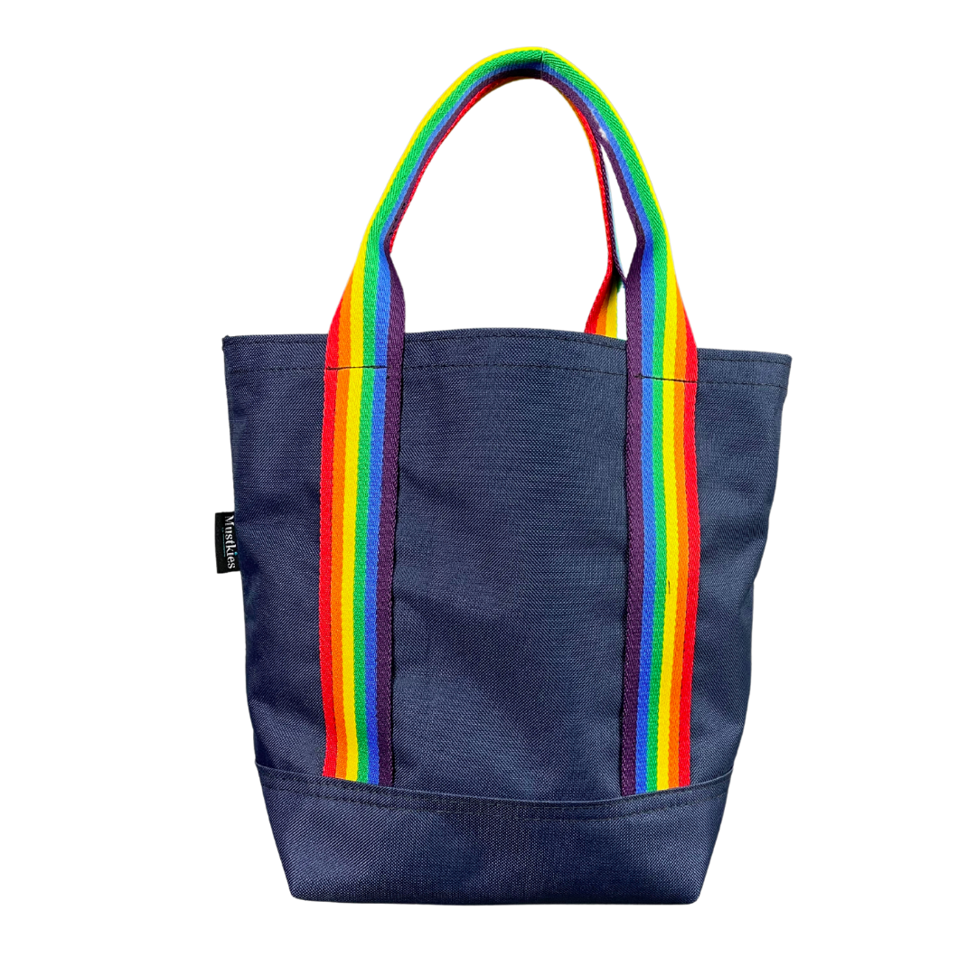 Mustkies LENA Navy Small tote th water bottle sleeve inside to secure your water. Finished in wia rainbow strap. Avaliable in 5 colors.. Hand made in White Plains NY, Westchester County