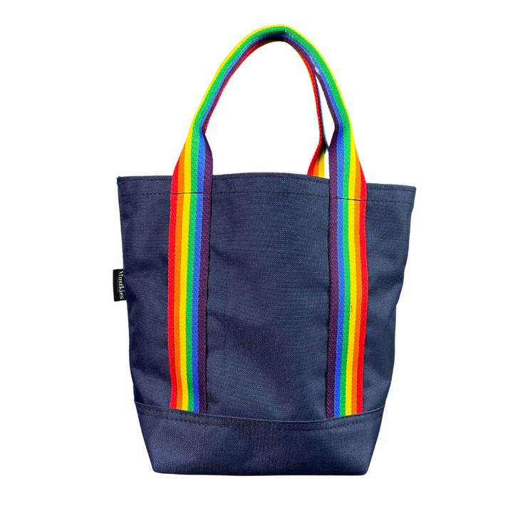 Mustkies LENA Navy Small tote th water bottle sleeve inside to secure your water. Finished in wia rainbow strap. Avaliable in 5 colors.. Hand made in White Plains NY, Westchester County