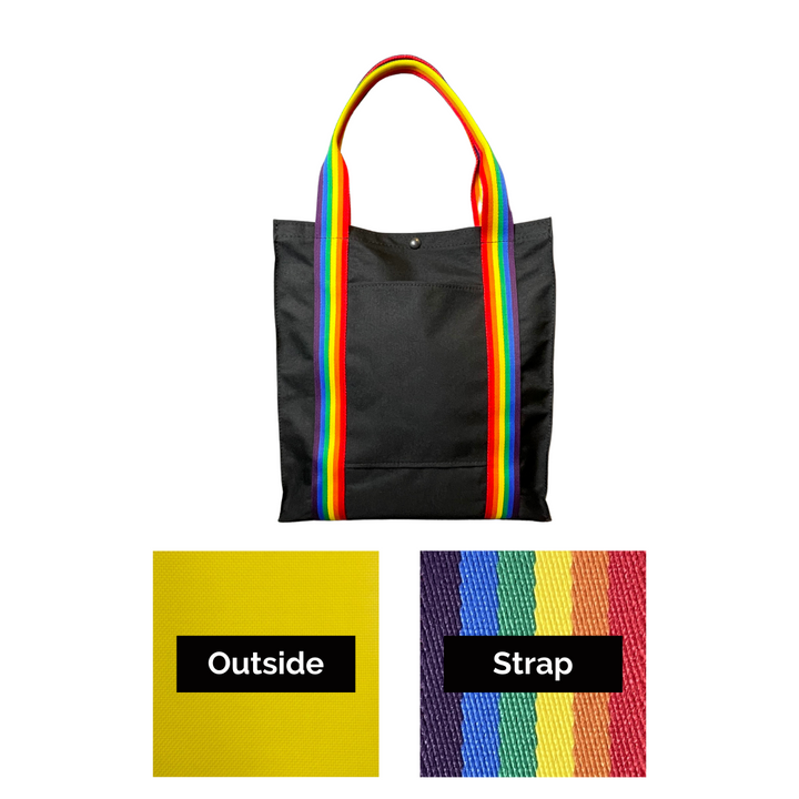 Mustkies PRIDE Yellow|Rainbow Pride Tote Bag Color Swatch. Ultimate waterproof Canvas Tote Bag that can go almost anywhere. Ultimate waterproof Canvas Tote Bag that can go almost anywhere. Measures 13.5"Lx3"Wx14.5"T. Supporting the LGBT community