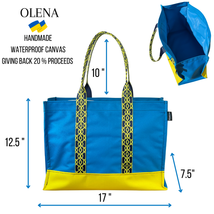 Mustkies Olena Tote - Handcrafted in a waterproof Canvas supporting the Ukrainian War. This modern Stylish Tote bag is super lightweight and is the most versatile accessory you'll ever have. This is a perfect tote that Make Carrying Your Everyday Essentials Easy. Size: Height 12..5" x WIDTH 7.5" X Length 17"