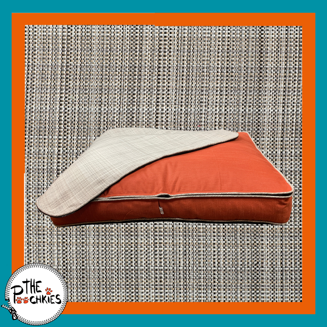 The Poochkies Orange|Gray Custom Dog Bed with Zip-off Interchangeable Tops sold on Mustkies.com